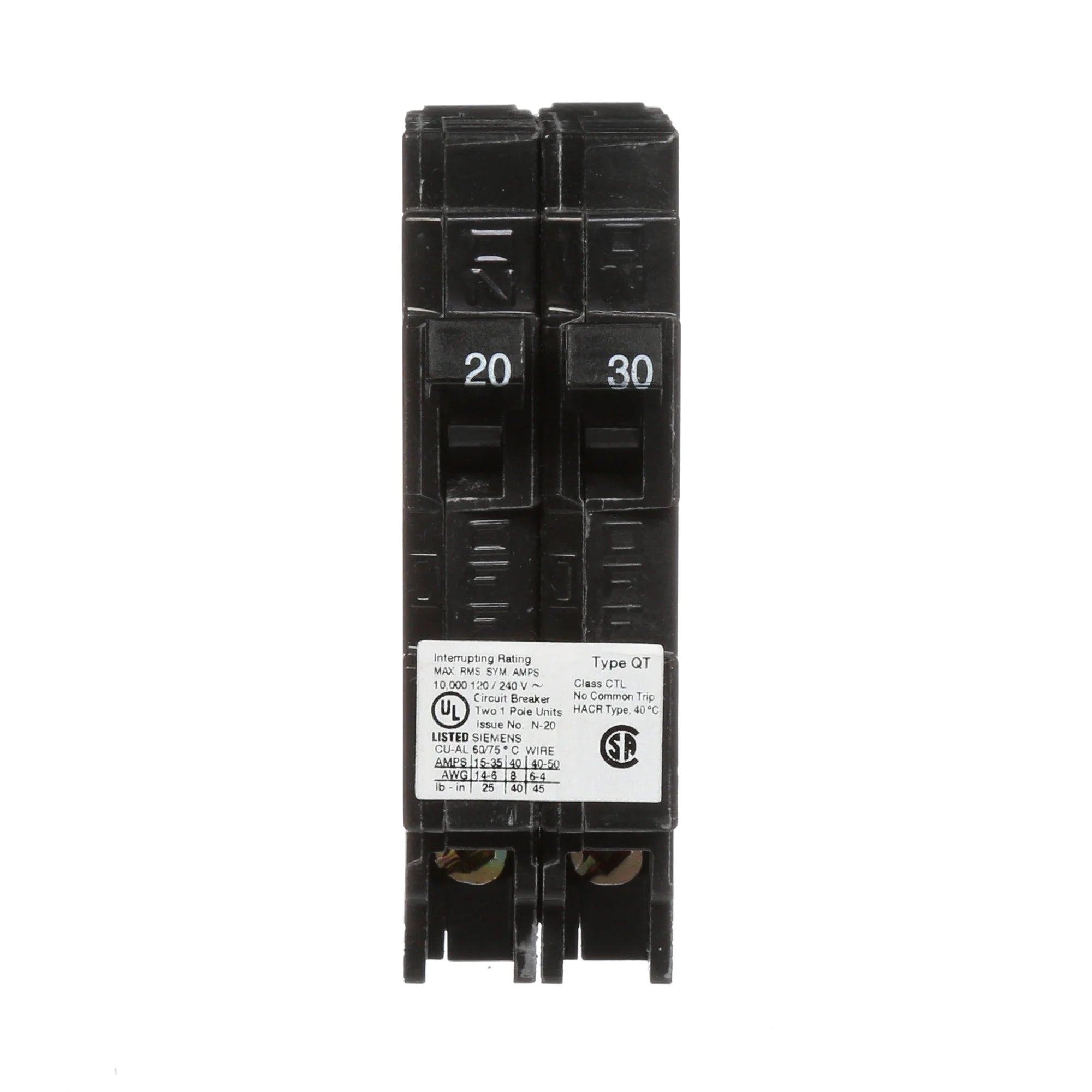 Siemens Q2030 1-Pole 20A-30A 120V AC Duplex Circuit Breaker, Plug-In, 10kA