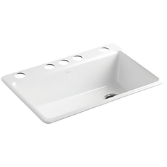 Kohler K-5871-5UA3-WH Riverby Single-Bowl Cast Iron Undermount Kitchen Sink, 33 inch x 22 inch, White