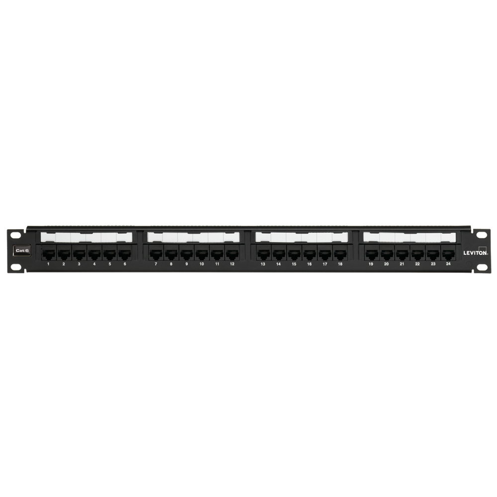 Leviton 69586-U24 CAT6 Universal Patch Panel, 24-Port, 1U RMS, with Cable Management Bar