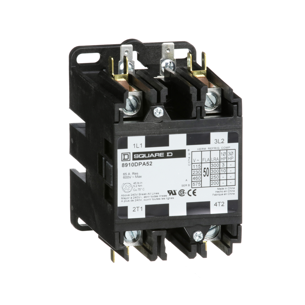 Square D 8910DPA52V02 110/120 VAC 50 Amp 2-Pole 2NO NEMA 1 Non-Reversing Definite Purpose Contactor