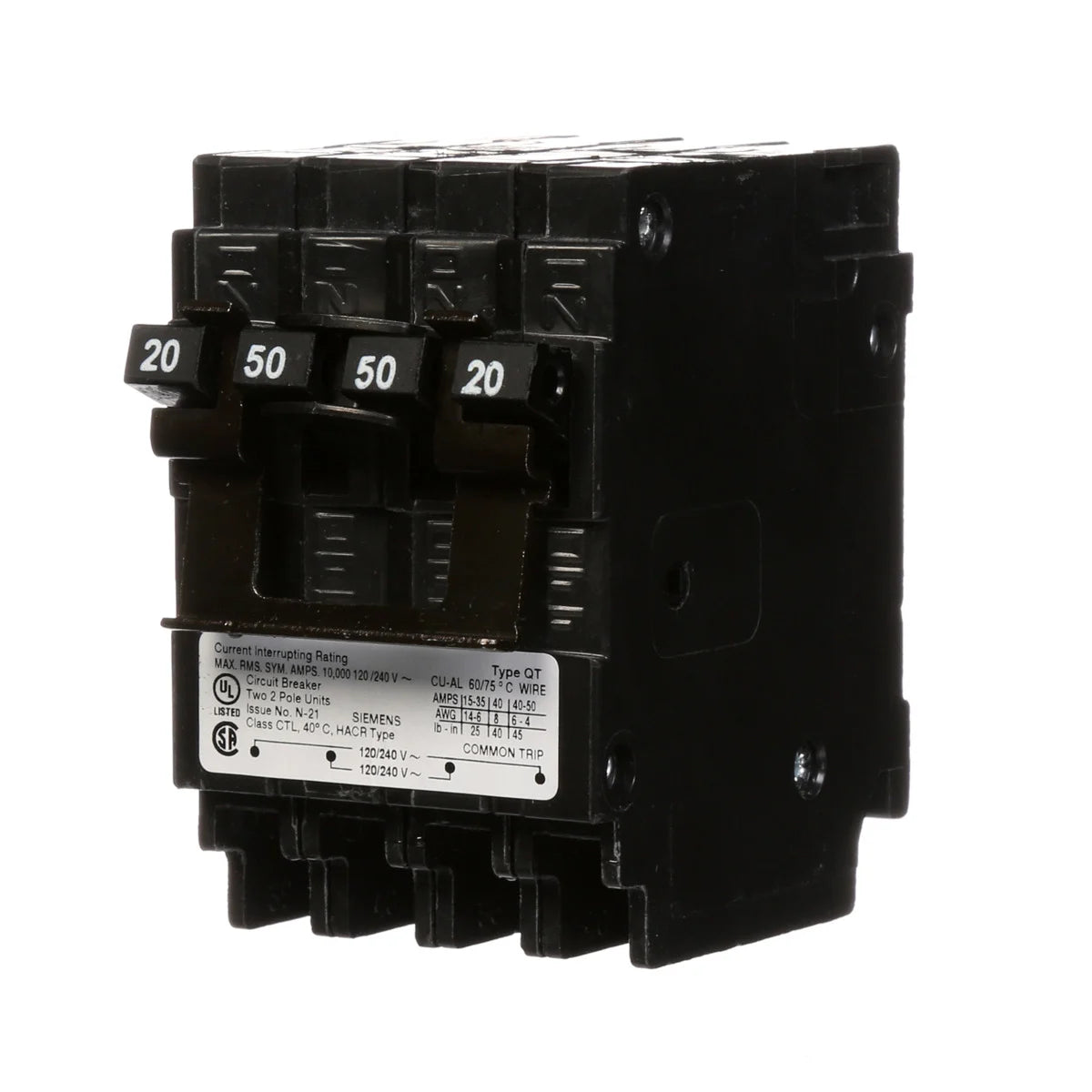 Siemens Q22050CT2 Quadplex Circuit Breaker, 20A-50A Inner-Outer Common-Trip, 120/240V AC, Plug-In, 10kA