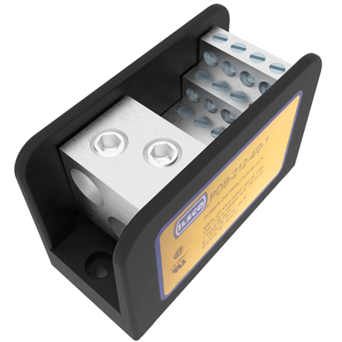 ILSCO PDB-212-4/0-1 Power Distribution Block Dual Rated Line Conductor Range 4/0-6 Load Range 4-14 2 Ports Per Pole Line Side 12 Ports Per Pole Load Side 1 Pole