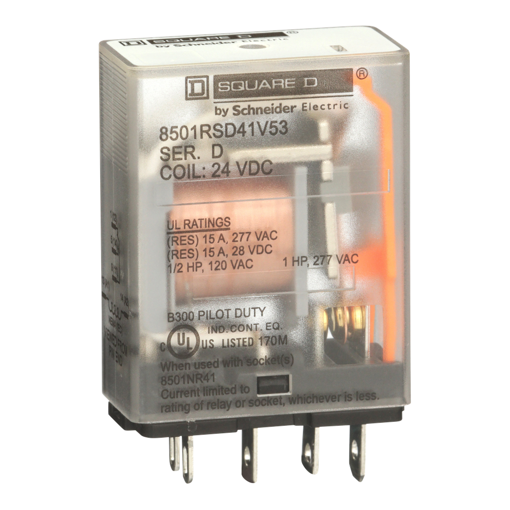 Square D 8501RSD41V53 24 VDC 12 Amp SPDT 1CO Socket Mount DC Operated Miniature Plug-In Relay