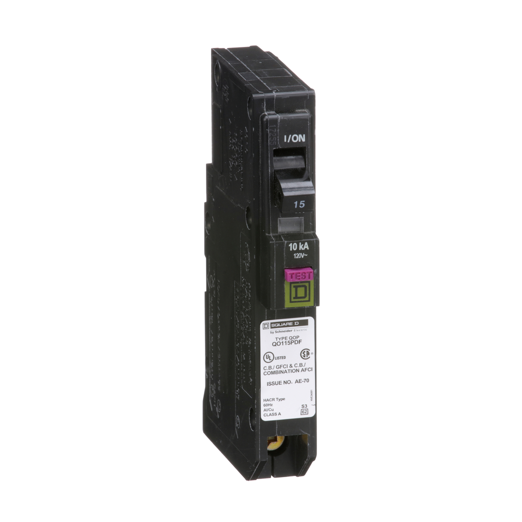 Square D QO115PDF Combination Arc-Fault & Ground Fault Circuit Breaker 15A 120V 1Ph 1Pole 10kAIR