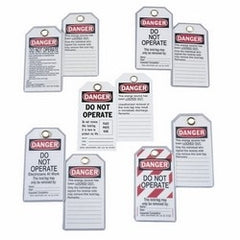 Ideal 44-833 Heavy-Duty Laminated Lockout Tag Plastic Red Striped Background Package 5/Card