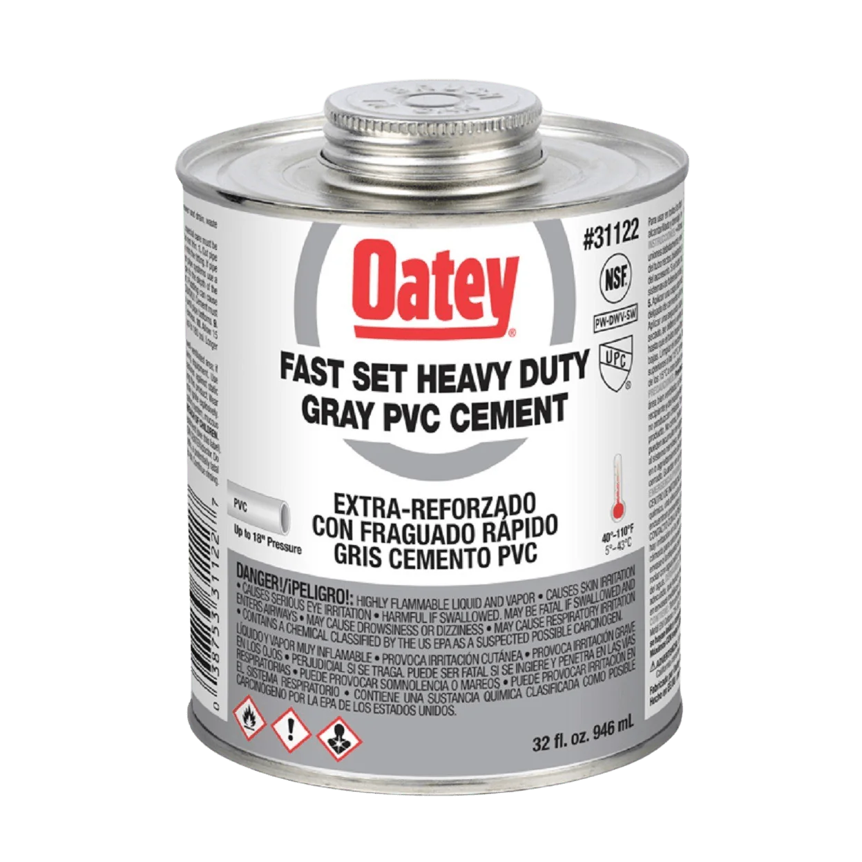 Oatey 31122 Heavy Bodied PVC Pipe Cement, 32 oz Cartridge, Gray