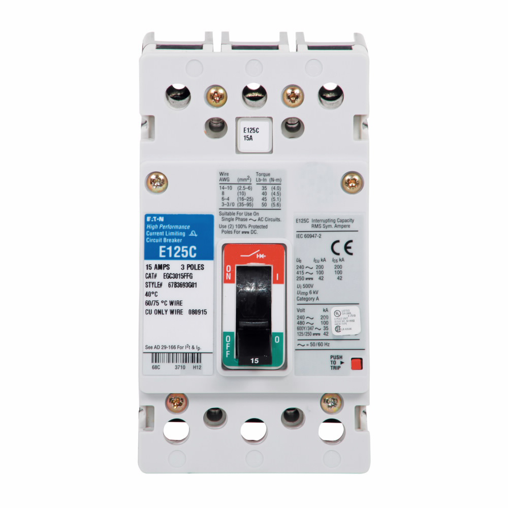 Eaton EGE3020FFG Type EGE Molded Case Circuit Breaker, 600Y/347 VAC, 20 A, 18/25/35 kA Interrupt, 3 Poles, Fixed Thermal/Fixed Magnetic Trip