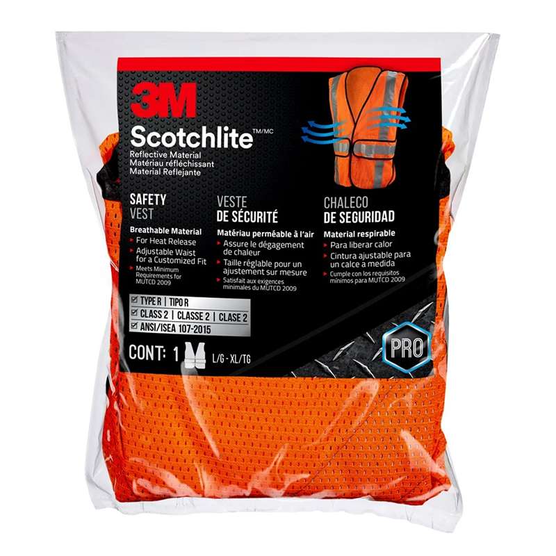 3M 7100178461 Reflective Construction Safety Vest with 5 Point Tear Away, Class 2, Hi-Viz Orange