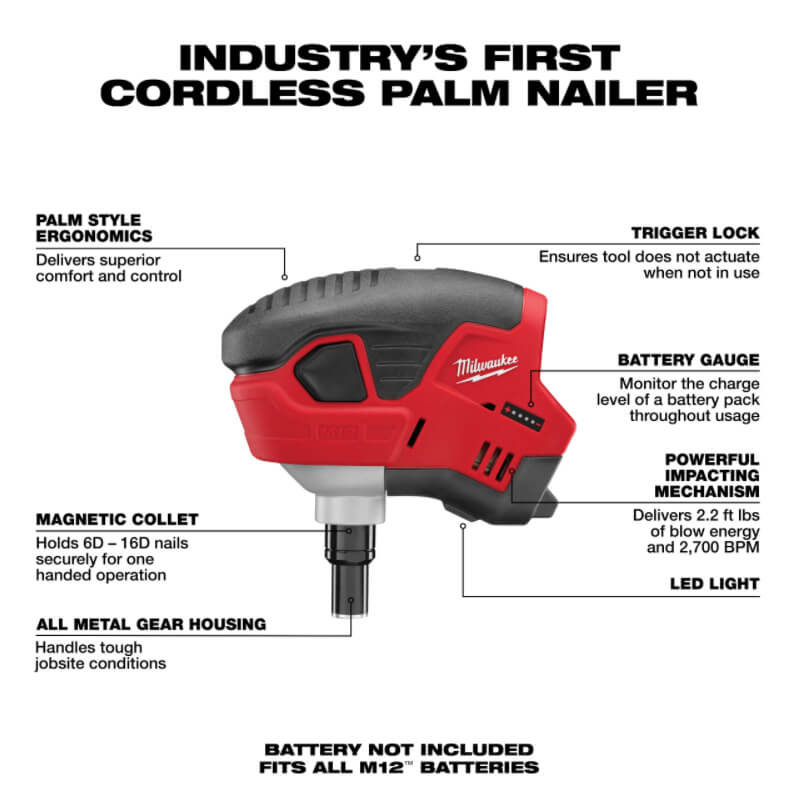 Milwaukee 2458-20 M12 Palm Nailer - Tool Only