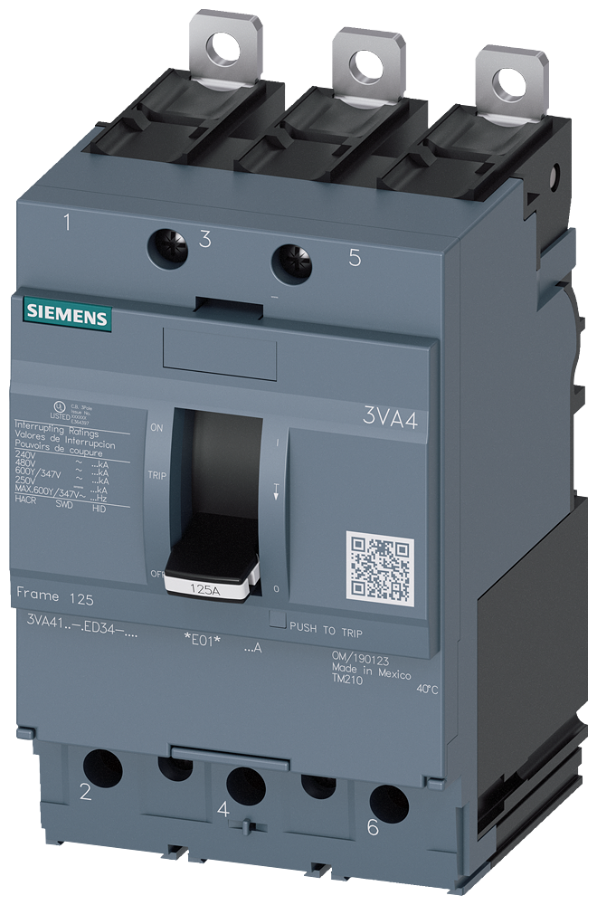 Siemens 3VA4190-4ED34-0AA0 Bolt On, 3 Phase, Thermal Magnetic, Load Side Lug Terminals, 600V, 90A