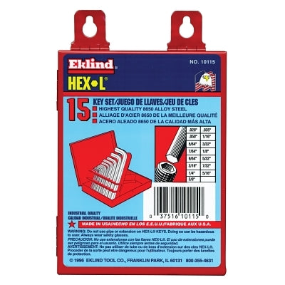 Eklind Tool 10115 Hex-L Key Set, 15 per set, Hex Tip, Inch