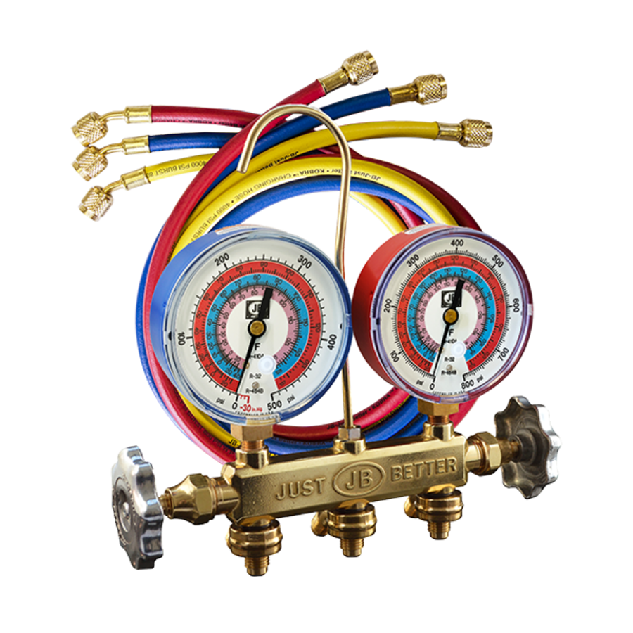 JB Industries 22633 Brass Manifold 2-Valve 3-1/8 Port R32/R454B/R410 w/ CCLE-60 Kobra Hose Set