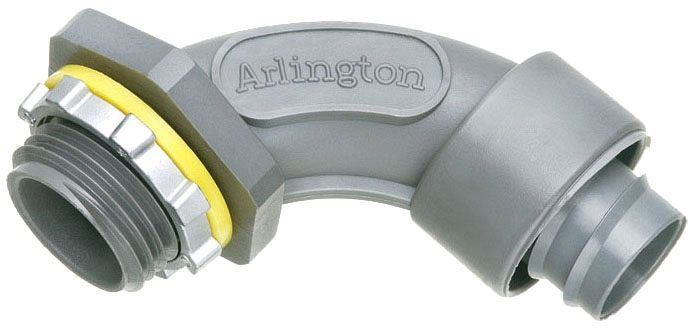 Arlington NMSC9075 Screw-On Liquid Tight Conduit Connector, 3/4 in Trade, 90 deg, Plastic