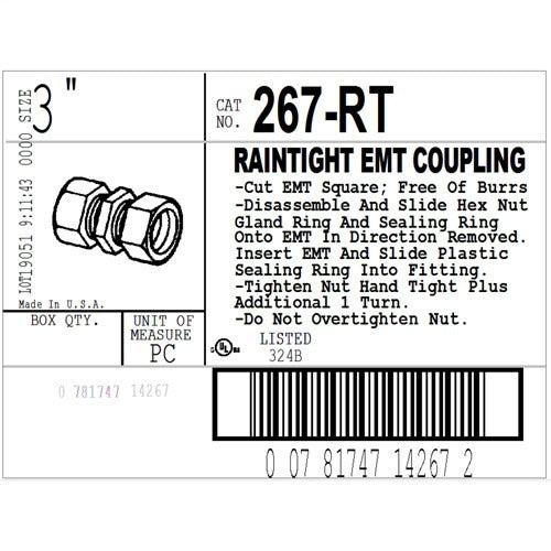 Bridgeport 267-RT EMT Raintight Compression Coupling 3 Inch