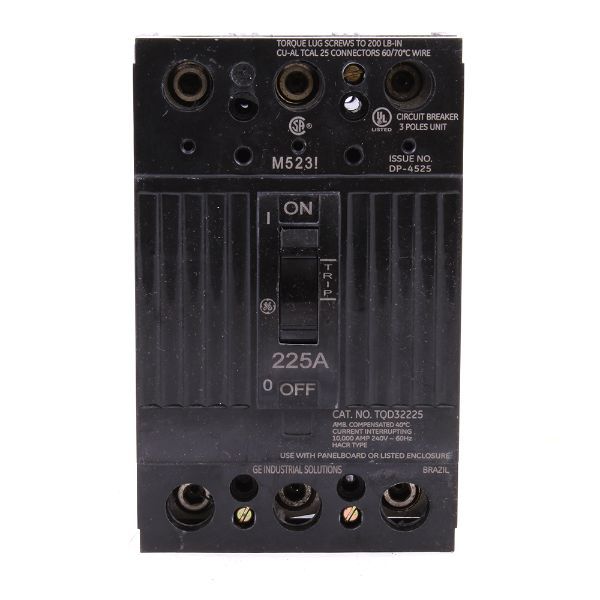 General Electric TQD32225WL GE Q-Line Type TQD Compact Molded Case Circuit Breaker 240 VAC 225 A 10 kA Interrupt 3 Poles