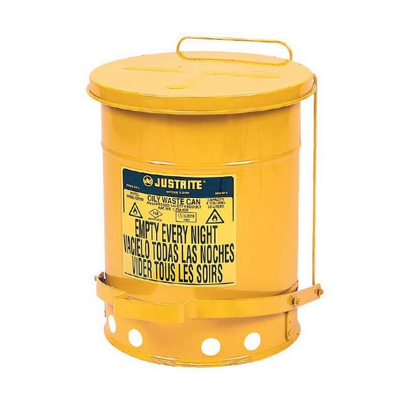 Justrite 9101 Flame Retardant Foot Operated Waste Can for Oily Hazmat Items 6 Gallons