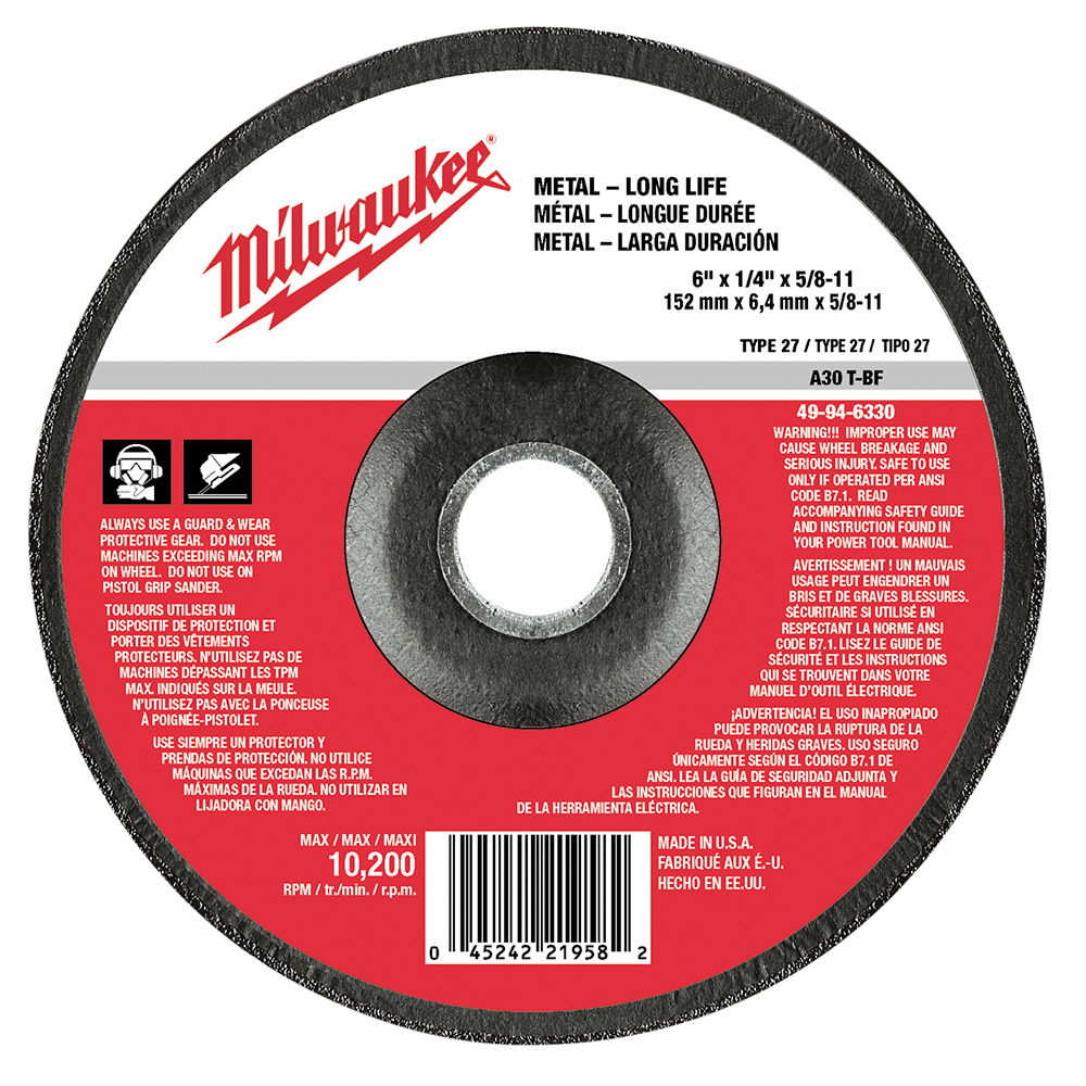 Milwaukee 49-94-6330 Type 27 Grinding Wheel 6 In. x 1/4 In. x 5/8-11