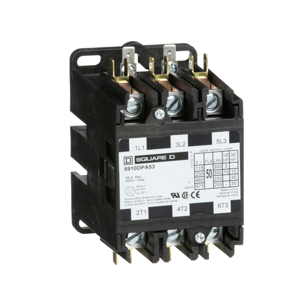 Square D 8910DPA53V06 440/480 VAC 50 Amp 3-Pole 3NO NEMA 1 Non-Reversing Definite Purpose Contactor