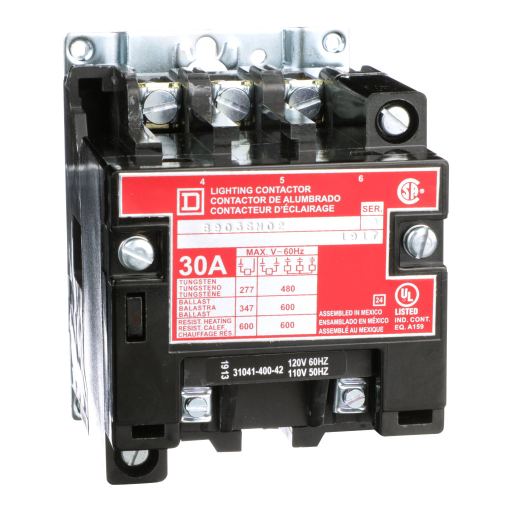 Square D 8903SMO2V02 110/120 VAC 30 Amp 3-Pole Open Type Electrically Held Lighting Contactor