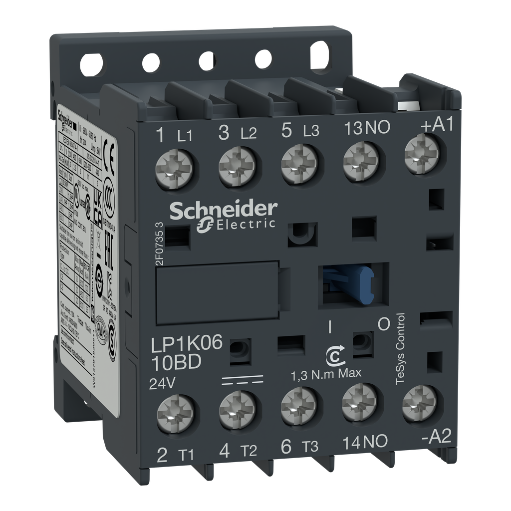 Schneider Electric LP1K1210BD Square D 600 VAC 12 Amp 3-Pole 1NO Screw Clamp Terminal Non-Reversing IEC Contactor