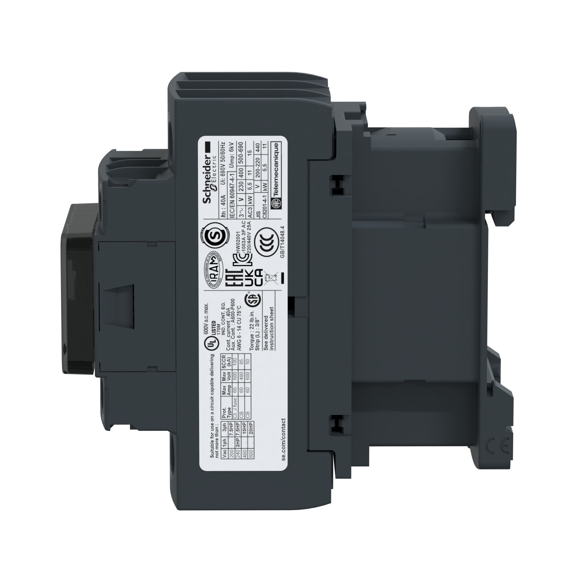 Schneider Electric LC1D38P7 Square D 575 VAC 38 Amp 3-Pole 1NO 1NC Screw Terminal Full Voltage Non-Reversing IEC Contactor