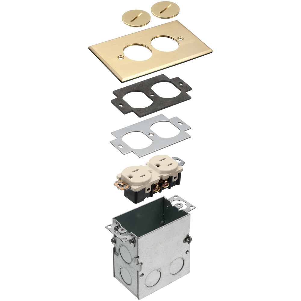 Arlington FLB5321MB Floor box kit with steel box and metallic cover with threaded plugs. Single Gang. Brass.