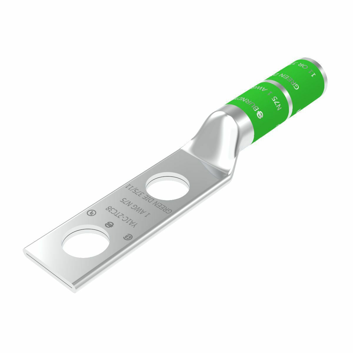 BURNDY YA1C2N 1 AWG CU, Two Hole, 1/2 Stud Size, 1-3/4 Hole Spacing, Long Barrel Internal Chamfer, Tin Plated, UL/CSA, 90C, Up to 35kV, Green Color Code, 11 or 375 Die Index