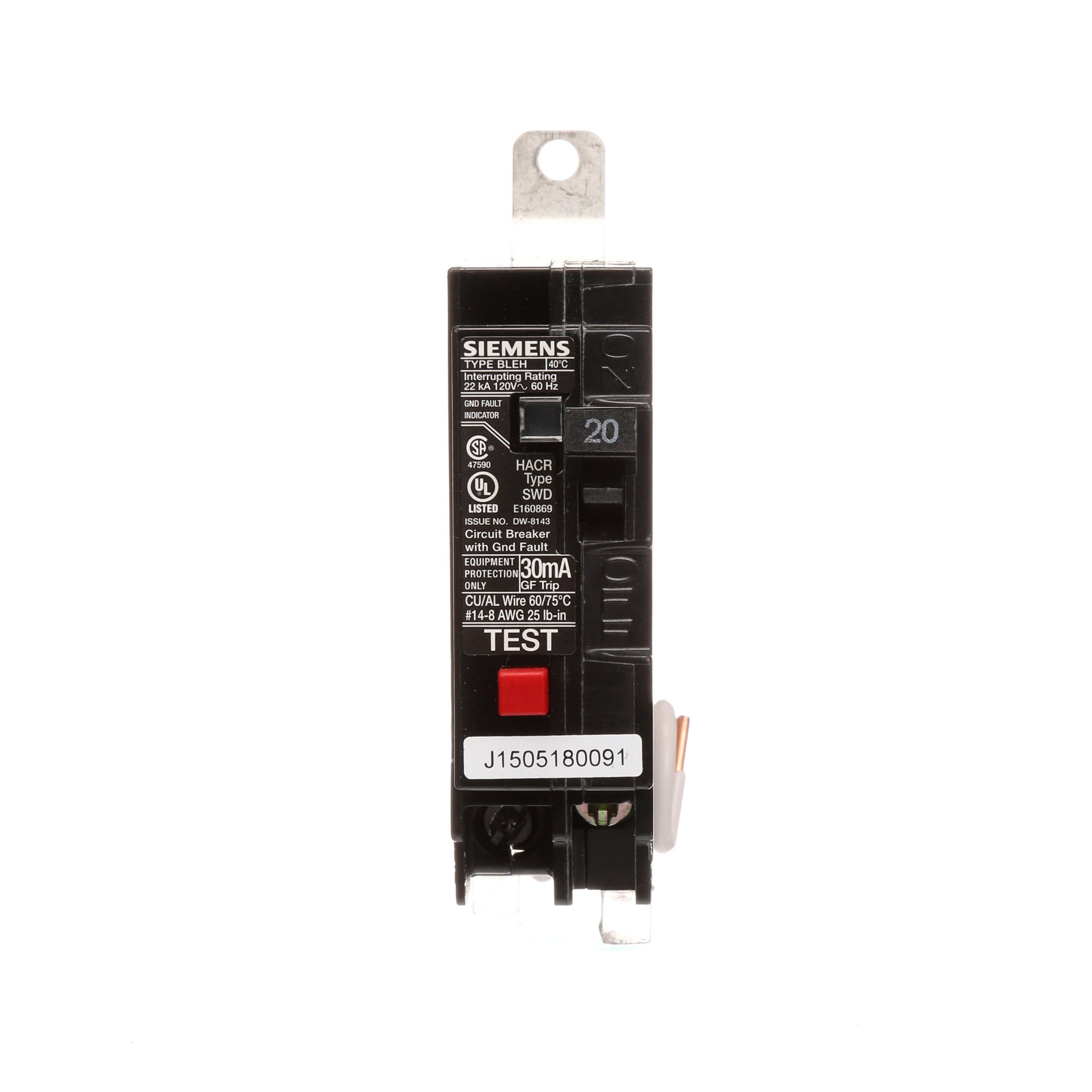 Siemens BE120H 1-Pole 20 Amp 120 VAC 22 kA Bolt-On Circuit Breaker