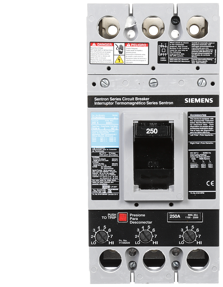 Siemens FXD63B250 3-Pole 600 VAC 250 Amp 22 kA Non-Interchangeable Trip Thermal Magnetic Molded Case Circuit Breaker