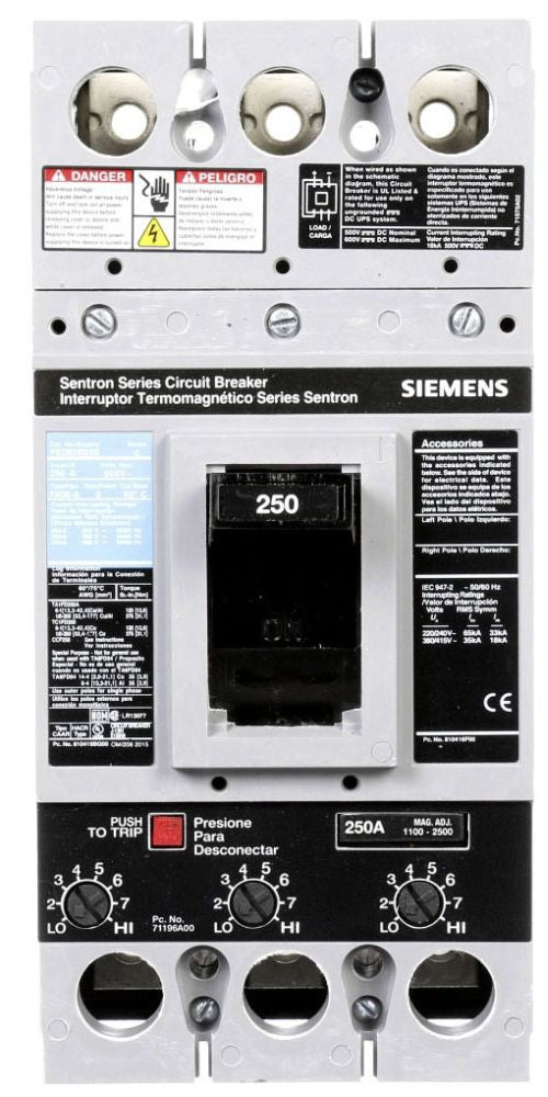 Siemens FXD63B250 3-Pole 600 VAC 250 Amp 22 kA Non-Interchangeable Trip Thermal Magnetic Molded Case Circuit Breaker