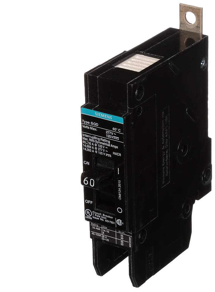 Siemens BQD160 1-Pole 60 Amp 277 VAC 14 kA Molded Case Circuit Breaker