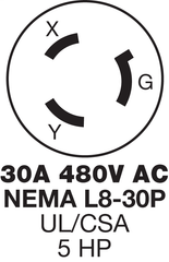 Hubbell Wiring Device-Kellems HBL2641 30 Amp 480 Volt 2-Pole 3-Wire NEMA L8-30P Black and White Locking Plug