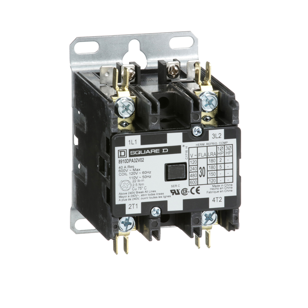 Square D 8910DPA32V02 110/120 VAC 30 Amp 2-Pole 2NO NEMA 1 Non-Reversing Definite Purpose Contactor