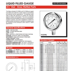 Miljoco PLF2598L05 Liquid Gauge 0-100 PSI 2-1/2 Replacement MPN