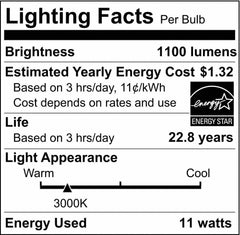 SATCO S29811 11W A19 LED Bulb Medium E-26 Base 3000 Kelvin 220 Degree Dimmable 120V