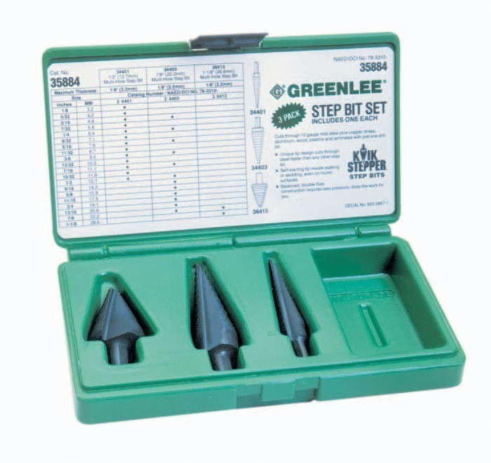 Greenlee 35884 1/8 to 1-3/8 Steam Oxide Coated Steel Split Tip Step Bit Kit