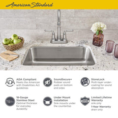 American Standard 18SB6231800S.075 Portsmouth 23-3/8 x 17-3/4 in. No Hole Stainless Steel Single Bowl Undermount Kitchen Sink