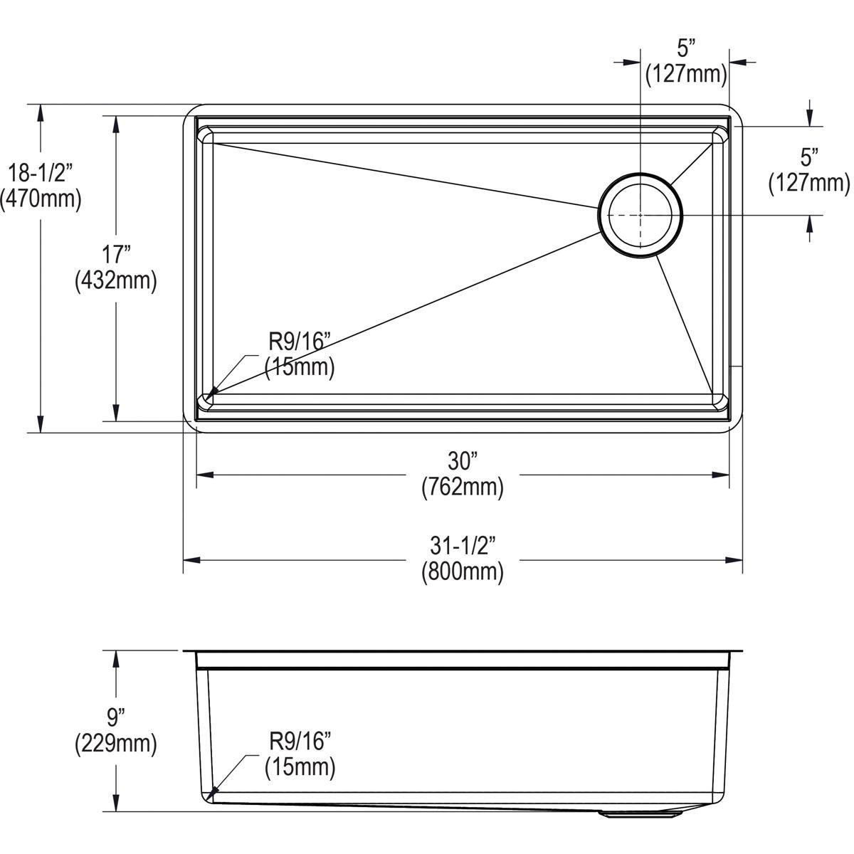 Elkay EFRU30169RTWC Crosstown 31-1/2 x 18-1/2 in. Stainless Steel Single Bowl Undermount Sink