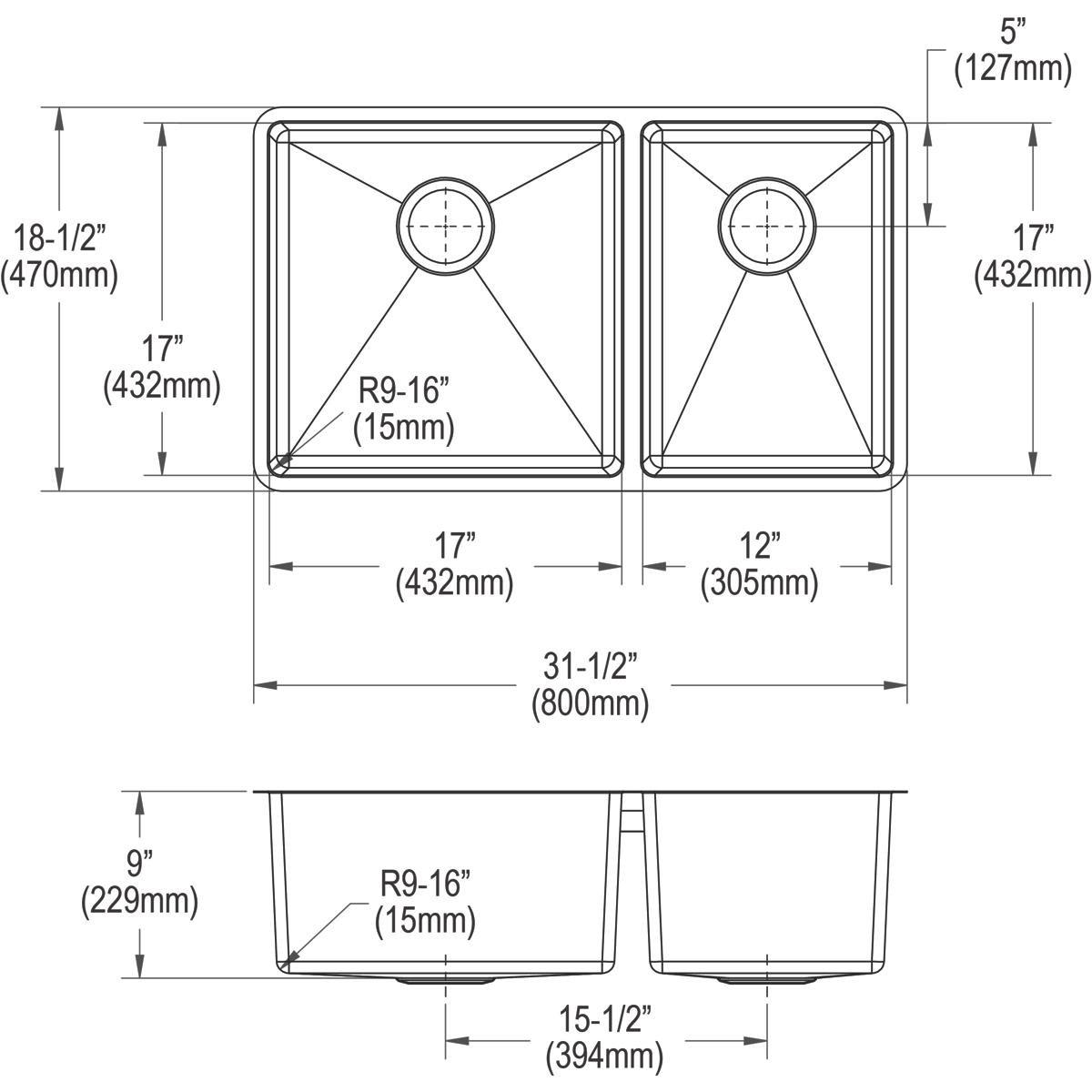 Elkay ECTRU32179RT Crosstown 31-1/2 x 18-1/2 in. 18 Gauge Stainless Steel Double Bowl Undermount Sink