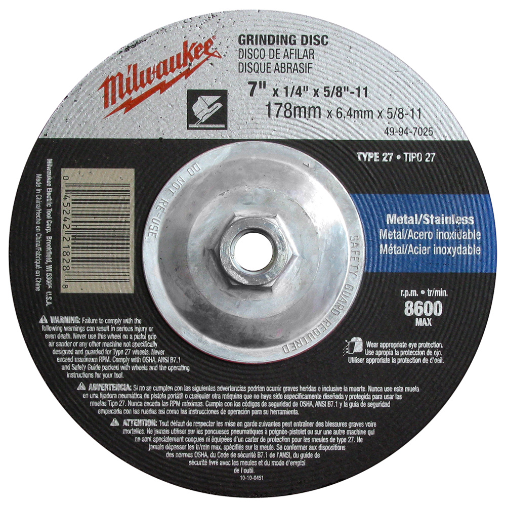 Milwaukee Tool 49-94-7025 Grinding Wheel 7 in. x 1/4 in. x 5/8 in., 11 (Type 27)