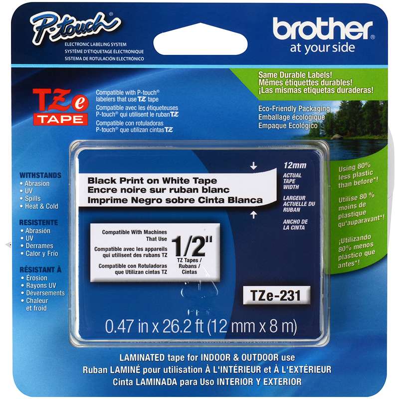 Brother TZE231M TZe Tape, Black on White Label Printer Labels, 0.47in 26.2 ft (12mm 8m)