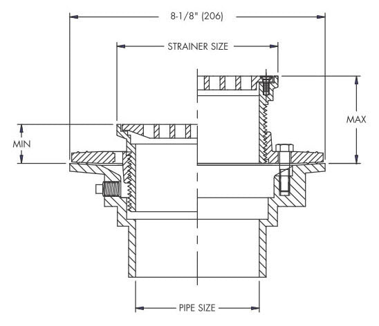 Watts FD-102-B5-4-7 2 No Hub Epoxy Coated Cast Iron Heavy Duty Adjustable Floor Drain with Replacement MPN