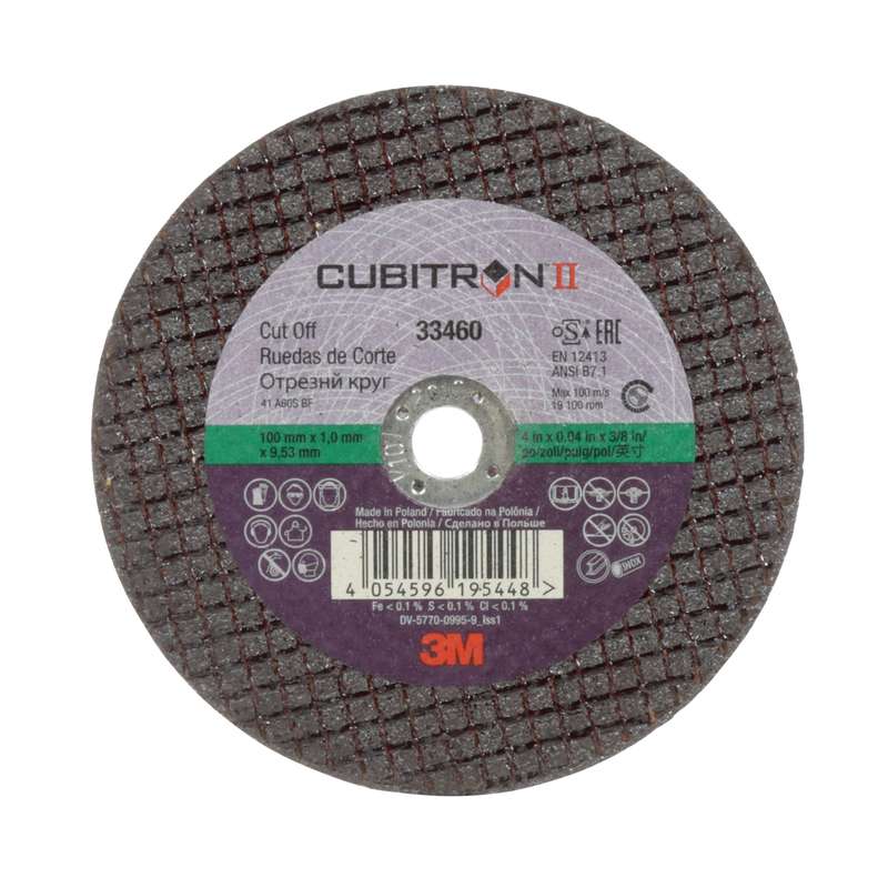 3M 7100101771 Cubitron II Cut-Off Wheel, 33460, 100 mm x 1 mm x 9.53 mm (4 in. x 0.04 in x 3/8 in) Replacement MPN