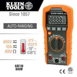 Klein MM400 Digital Multimeter, Auto-Ranging, 600V