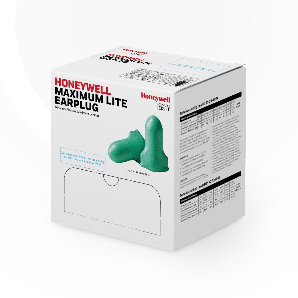 Honeywell LPF-30 Maximum Lite Earplugs, PU Foam, Polycord, NRR 30, Individual Poly Bag, 100 pair/box