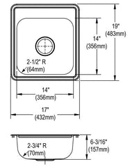 Dayton D117193 Stainless Steel Bar Sink 17 x 19 x 6-1/8 3-Hole