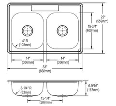 Dayton D233223 Stainless Steel Kitchen Sink 33 x 22 x 6-9/16 Drop-In Sink