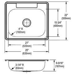 Dayton D125223 Stainless Steel Kitchen Sink 25 x 22 x 6-9/16 3-Hole