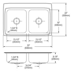 Elkay LR33223 Lustertone Classic Stainless Steel 33 x 22 x 8-1/8 Equal Double Bowl Drop-in Sink