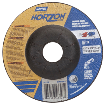 Norton 66252843328 NorZon Plus SGZ Type 27 Grinding Wheel 4-1/2 in Dia x 1/4 in Thick